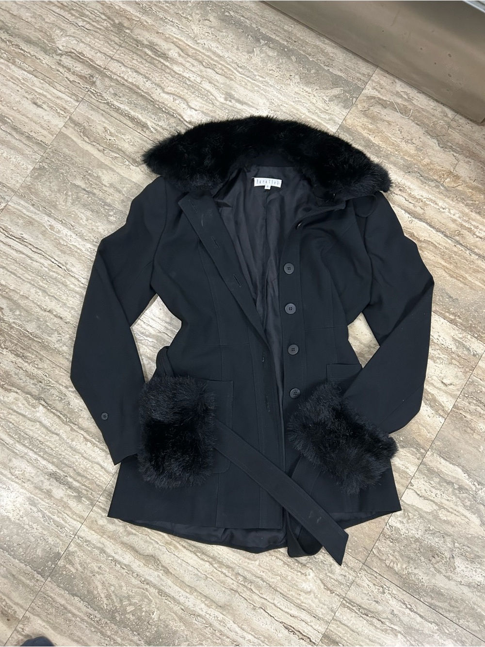Vintage Women's Black Trench Coat with Faux Fur Trim